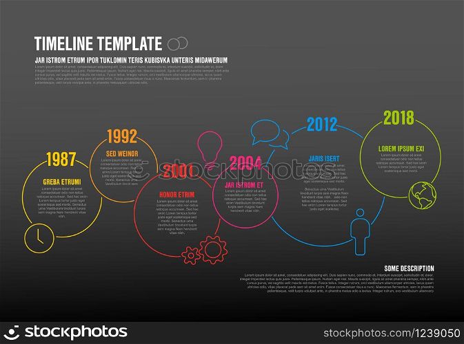 Vector Infographic timeline template made from thin line circles and icons - dark version. Vector Infographic timeline template