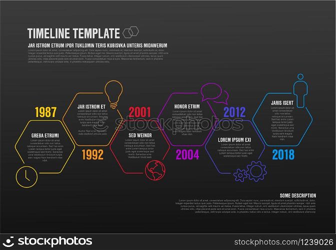 Vector Infographic timeline template made from thin line hexagons and icons - dark version