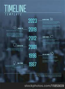 Vector Infographic timeline template with big year numbers, icons, description and the corporate photo in the background