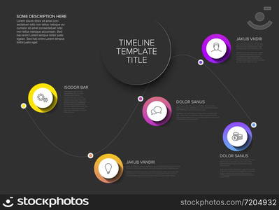 Vector Infographic timeline template with curved line, circle buttons with shadow and various descriptions - dark color version