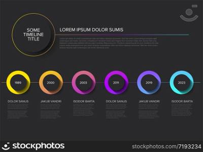 Vector Infographic timeline template with horizontal line, circle buttons with shadow and various descriptions - dark background version