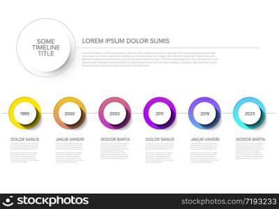 Vector Infographic timeline template with horizontal line, circle buttons with shadow and various descriptions. Timeline template with circle buttons