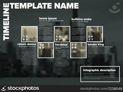Vector Infographic timeline template with the biggest milestones, photos, years and description on blurred city background. Vector Infographic timeline template with the biggest milestones, photos, years and description