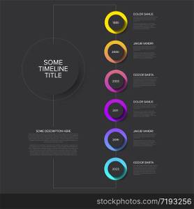 Vector Infographic timeline template with vertical line, circle buttons with shadow and various descriptions - dark version. Timeline template with circle buttons