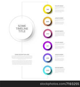 Vector Infographic timeline template with vertical line, circle buttons with shadow and various descriptions