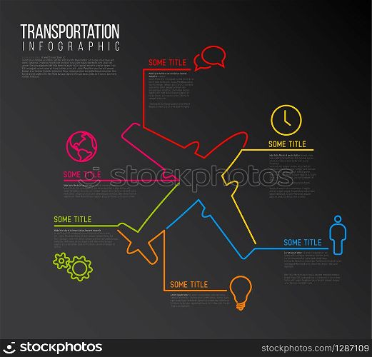 Vector Infographic transport report template made from lines and icons with airplane - dark version