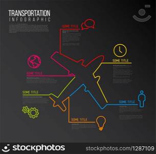 Vector Infographic transport report template made from lines and icons with airplane - dark version