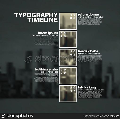 Vector Infographic typographic timeline report template with the biggest milestones, photos, years and description on blurred city background
