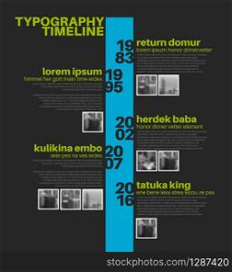 Vector Infographic typographic timeline report template with the biggest milestones, photos, years and description - dark blue and green template version. Vector Infographic typography timeline report template