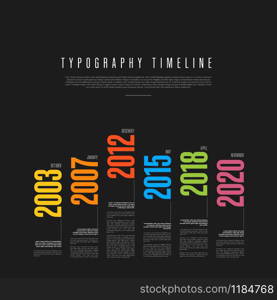 Vector Infographic typographic timeline report template with the biggest milestones years and description - dark version. Vector Infographic typography timeline report template