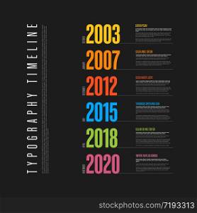 Vector Infographic typographic timeline report template with the biggest milestones years and description - dark version. Vector Infographic typography timeline report template