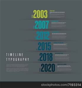 Vector Infographic typographic timeline report template with the biggest milestones years and description - dark version