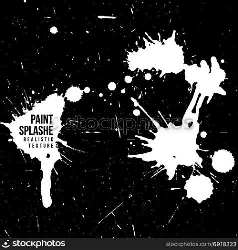 vector ink paint splatter texture. vector various white monochrome ink paint splashes and splatters decorative realistic texture set isolated on black background