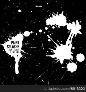 vector ink paint splatter texture. vector various white monochrome ink paint splashes and splatters decorative realistic texture set isolated on black background