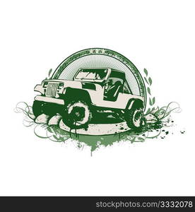 Vector insignia and banner. Grunge stilyzed vintage military vehicle.