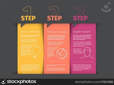 Vector instrucions table with three steps as three blocks template - reds on dark background