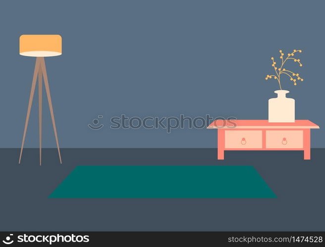 Vector interior flat design illustration. Home in colorful furniture of simple living room in trendy style. Design of a cozy room with house decor accessories and plants. Decorative elements