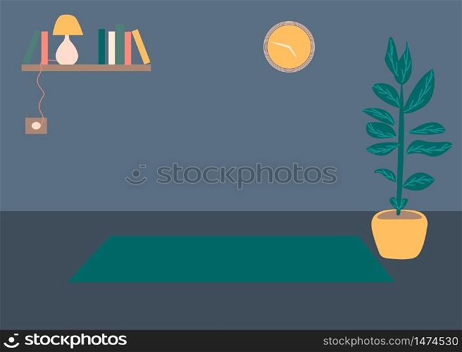 Vector interior flat design illustration. Home in colorful furniture of simple living room in trendy style. Design of a cozy room with house decor accessories and plants. Decorative elements
