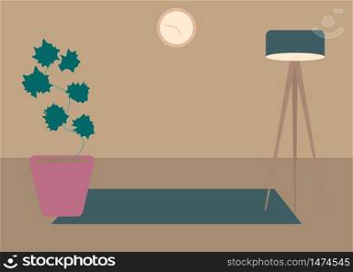 Vector interior flat design illustration. Home in colorful furniture of simple living room in trendy style. Design of a cozy room with house decor accessories and plants. Decorative elements