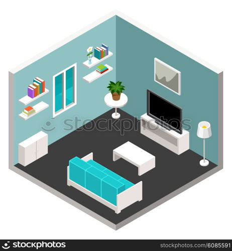 Vector interior of the isometric room with furniture