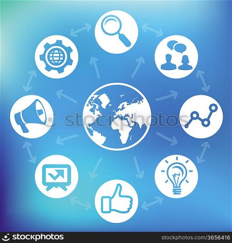 Vector internet marketing concept - globe icon and social media signs