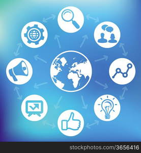 Vector internet marketing concept - globe icon and social media signs