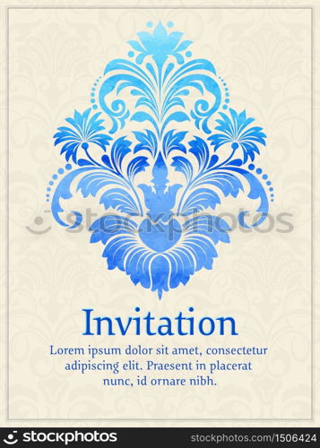 Vector invitation card with watercolor damask element on the light damask background. Arabesque style design. Elegant invitation or gift card.