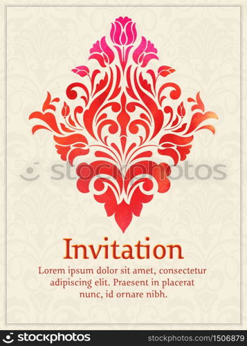 Vector invitation card with watercolor damask element on the light damask background. Arabesque style design. Elegant invitation or gift card.