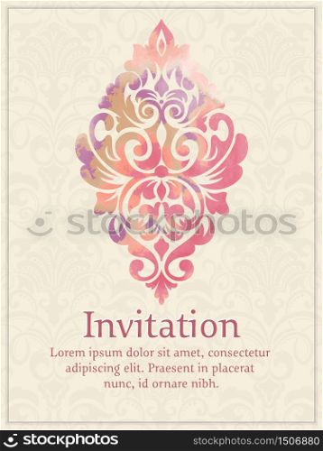 Vector invitation card with watercolor damask element on the light damask background. Arabesque style design. Elegant invitation or gift card.