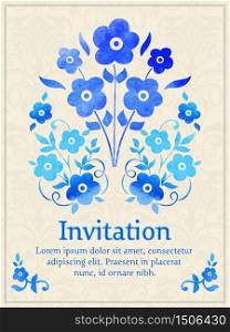 Vector invitation card with watercolor floral element on the light damask background. Arabesque style design. Elegant invitation or gift card.