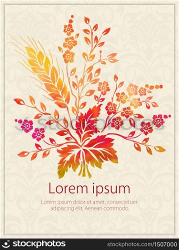 Vector invitation card with watercolor flower elements. Arabesque style design. . Vector invitation card with watercolor flower elements.