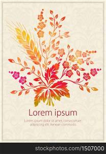Vector invitation card with watercolor flower elements. Arabesque style design. . Vector invitation card with watercolor flower elements.