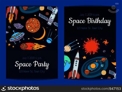 Vector invitation for birthday party with hand drawn space elements illustration. Card with galaxy space, rocket ship and sun. Vector invitation for birthday party with hand drawn space elements illustration