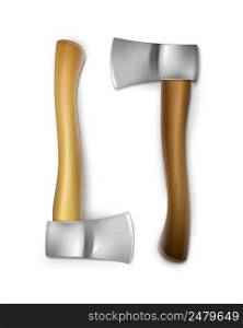 Vector iron axes with brown, ocher wooden handles front view isolated on white background. Vector iron axes