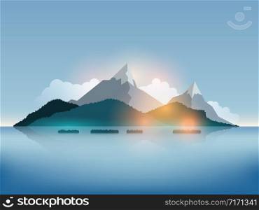 Vector island landscape and mountains with forest in the sea.