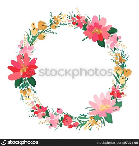 Vector isolated floral design with cute flowers. Wreath. Template for card, poster, flyer, t-shirt, home decor and other use.. Vector isolated floral design with cute flowers. Wreath. Template for card, poster, flyer, t-shirt, home decor and other