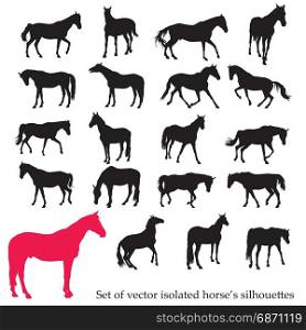 Vector isolated horses silhouettes standing, trotting and galloping in black color on white background