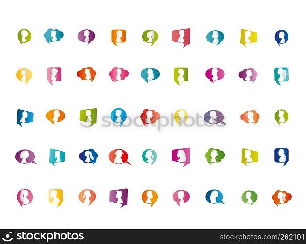 Vector isolated Icon set colorful speech bubble people talking. Crowd cloud. Communicate social network