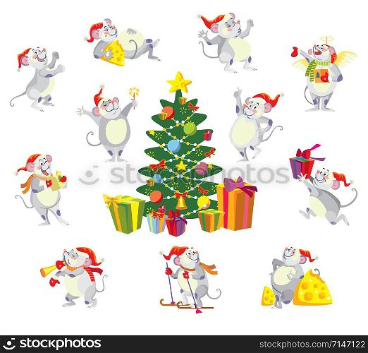 Vector isolated illustration of cute mouse character in different situations: sing, dance, run, overeat.Christmas tree.Cartoon stock illustration.Christmas eve concept. For prints, banners, stickers, cards