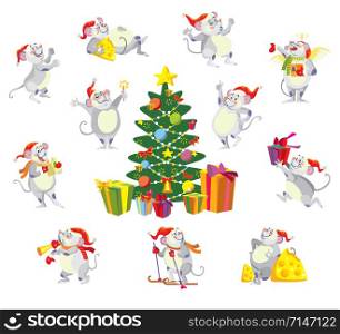 Vector isolated illustration of cute mouse character in different situations: sing, dance, run, overeat.Christmas tree.Cartoon stock illustration.Christmas eve concept. For prints, banners, stickers, cards