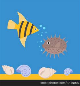 Vector isolated image for use in advertising design. Banner with fish and shells in the sea for website design