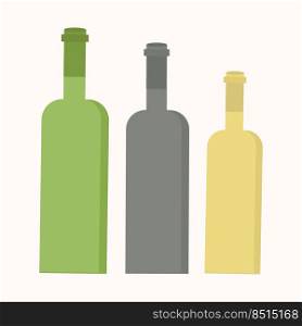 Vector isolated image for use in clipart. Three glass bottles of different colors on a light background