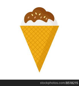 Vector isolated image for use in the design of the cafe dessert menu. White ice cream in a cone with chocolate and nuts on a white background