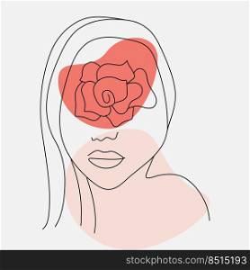 Vector isolated image for use in web design. A girl and a Rose on her face in the style of line art