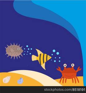 Vector isolated image for use in web design. Marine banner-a template of fish and crab in the ocean