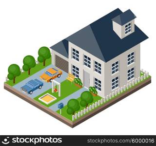 Vector isolated isomatic cottage. Country life. Garage. Green grass. Lawn. Swing.