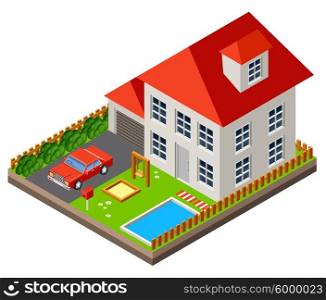 Vector isolated isomatic cottage. Country life. Garage. Green grass. Lawn. Swing.
