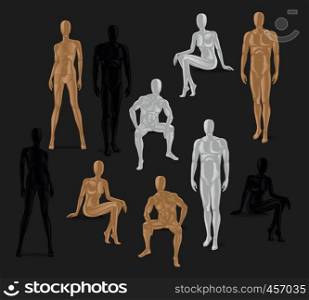Vector Isolated Mannequins. Different poses and colurs male and female mannequin icons. . Vector Isolated Mannequins