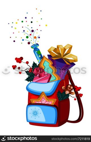 Vector isolated object backpack with gifts. Transparent background