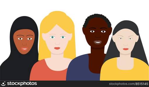 Vector isolated objects for use in clipart. Racial equality of women for use in web design